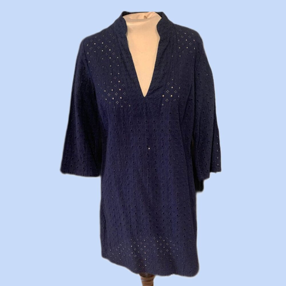 Navy Eyelet Cotton Tunic – Talbots – 3/4 Sleeve – L